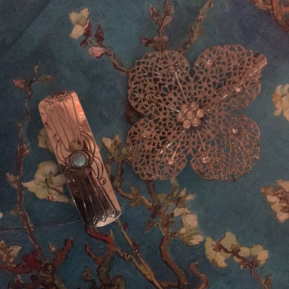 2/14$! 2NWOT silver hair clips-filigree flower w/rhinestones &turquoise barrette